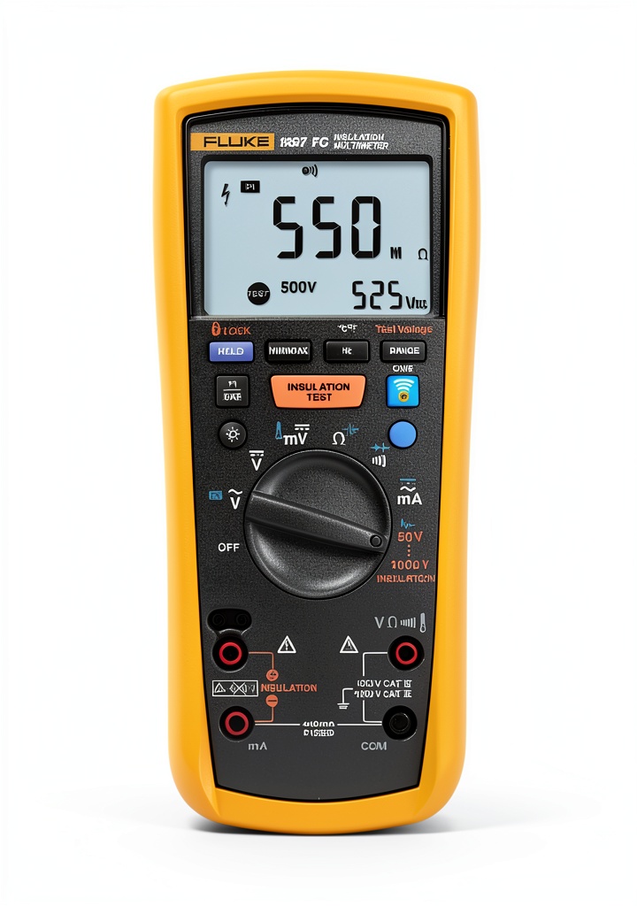 Technician using Fluke 1587FC multimeter on a control panel