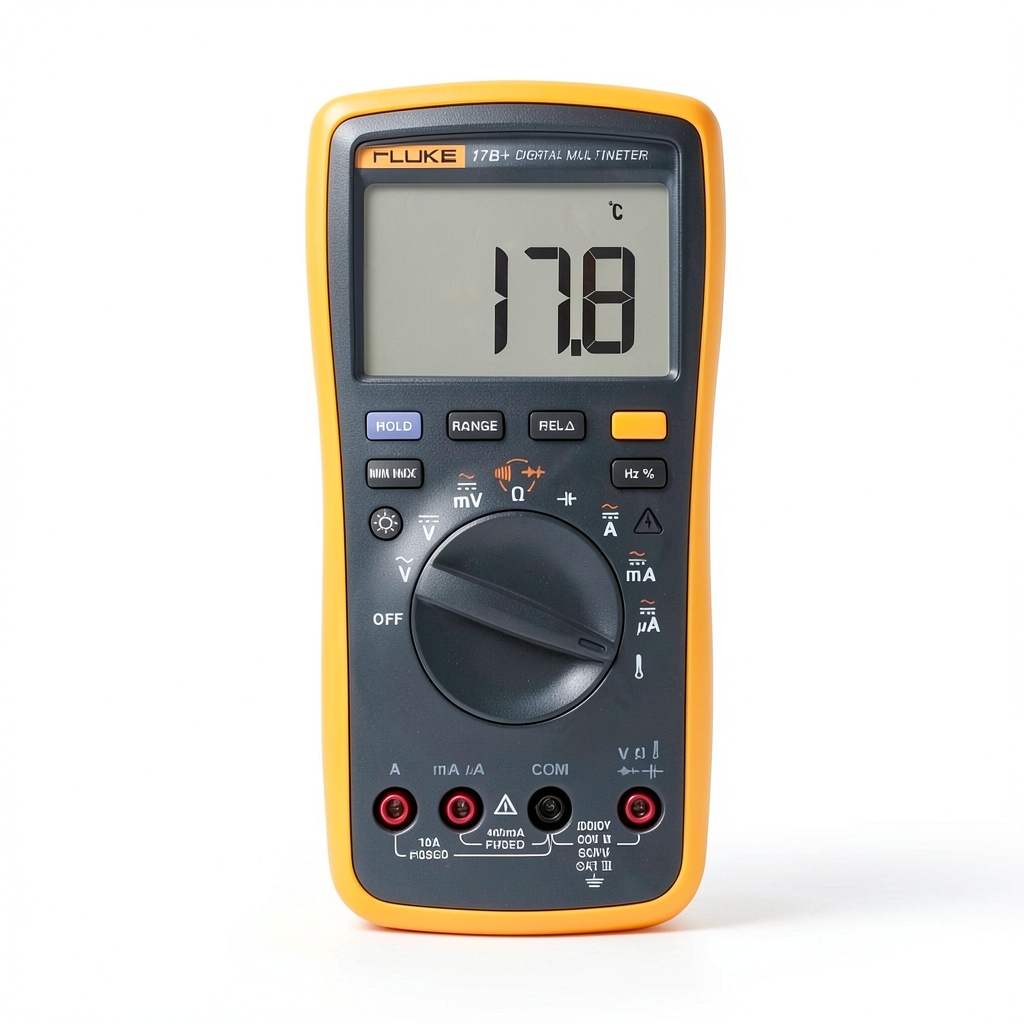 Fluke 17B+ digital multimeter on a workbench