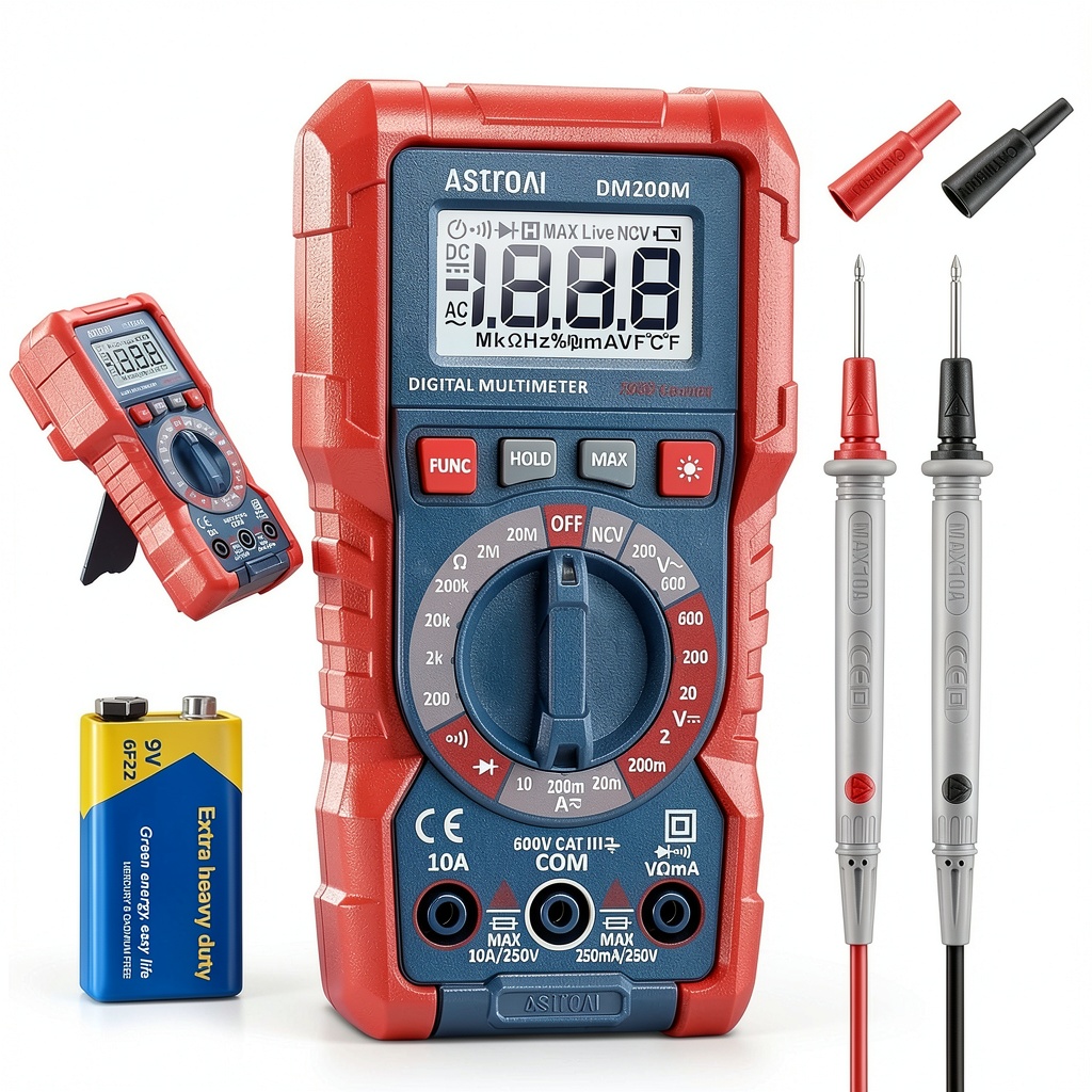 AstroAI DM200M multimeter being used to test a car battery
