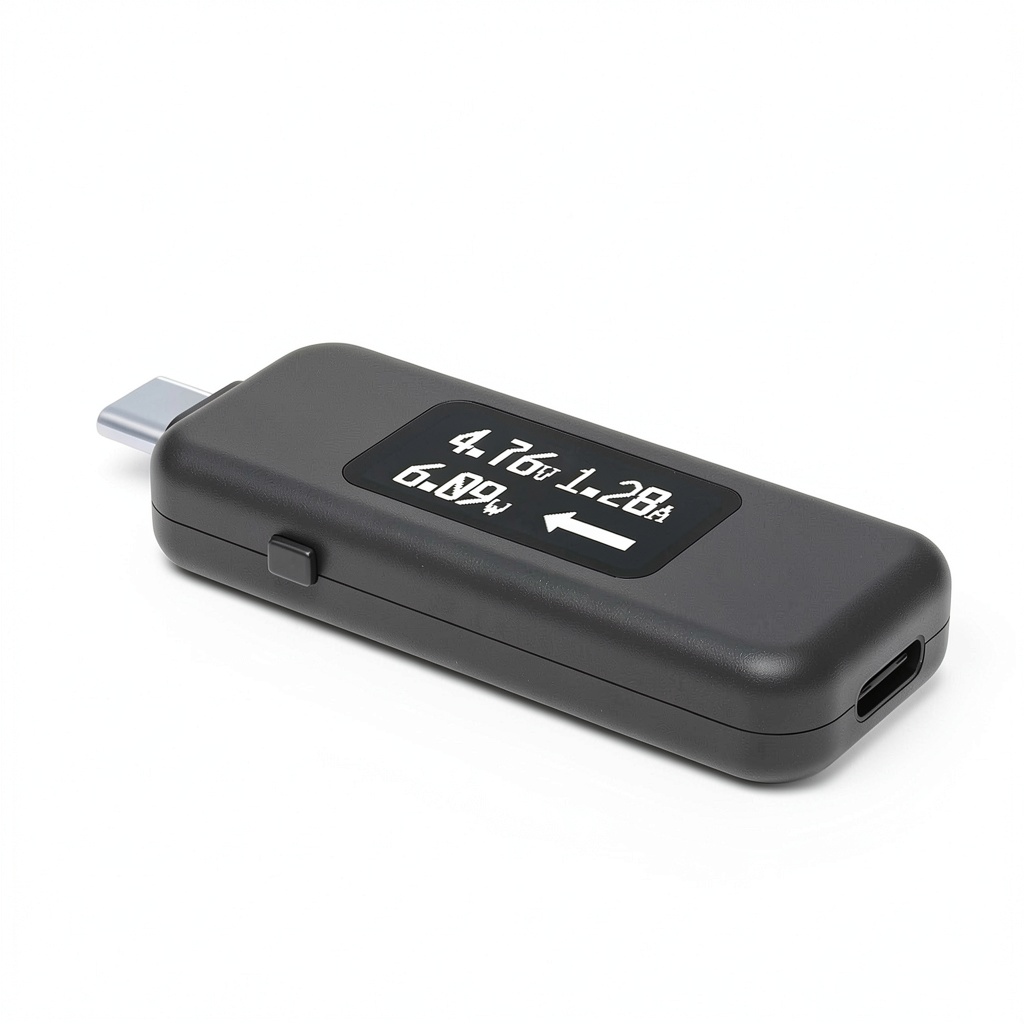 Plugable USB‑C Power Tester on a workbench measuring a laptop charger